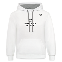 Load image into Gallery viewer, LIVE IT Unisex AGE OF INNOCENCE IS BACK original Contrast Hoodie - white/gray