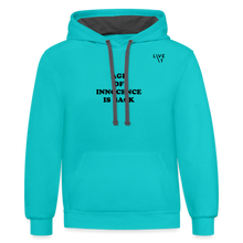 Load image into Gallery viewer, LIVE IT Unisex AGE OF INNOCENCE IS BACK original Contrast Hoodie - scuba blue/asphalt