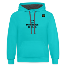 Load image into Gallery viewer, LIVE IT Pride Unisex AGE OF INNOCENCE IS BACK original Contrast Hoodie - scuba blue/asphalt
