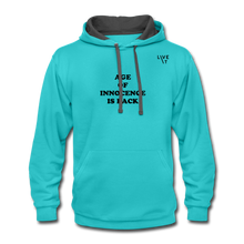 Load image into Gallery viewer, LIVE IT Unisex AGE OF INNOCENCE IS BACK original Contrast Hoodie - scuba blue/asphalt
