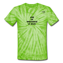 Load image into Gallery viewer, LIVE IT Unisex AGE OF INNOCENCE IS BACK original Tie Dye T-Shirt - spider lime green
