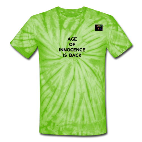 LIVE IT Pride Unisex AGE OF INNOCENCE IS BACK original Tie Dye T-Shirt - spider lime green