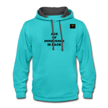 Load image into Gallery viewer, LIVE IT Pride Unisex AGE OF INNOCENCE IS BACK original Contrast Hoodie - scuba blue/asphalt
