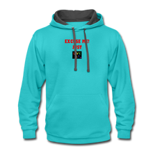 Load image into Gallery viewer, LIVE IT Pride Unisex EXCUSE ME JUST LIVE IT original Contrast Hoodie - scuba blue/asphalt
